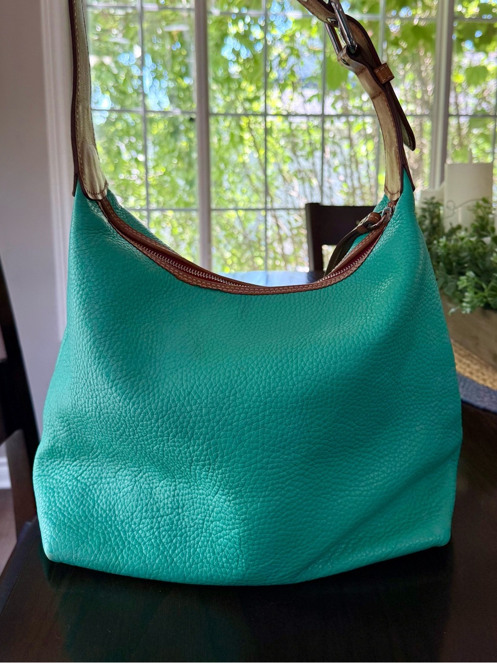 Dooney & Bourke Turquoise Pebbled Leather Shoulder Hobo bag w/ Tan Trim Tassel - Picture 8 of 16